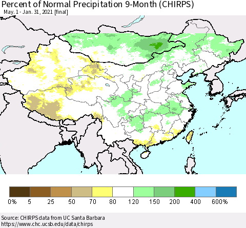 China, Mongolia and Taiwan Percent of Normal Precipitation 9-Month (CHIRPS) Thematic Map For 5/1/2020 - 1/31/2021