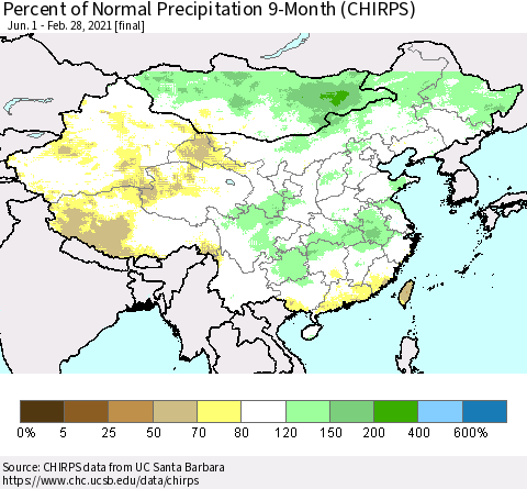 China and Taiwan Percent of Normal Precipitation 9-Month (CHIRPS) Thematic Map For 6/1/2020 - 2/28/2021