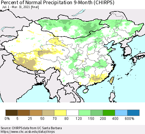 China, Mongolia and Taiwan Percent of Normal Precipitation 9-Month (CHIRPS) Thematic Map For 7/1/2020 - 3/31/2021