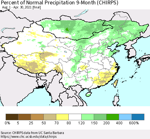 China, Mongolia and Taiwan Percent of Normal Precipitation 9-Month (CHIRPS) Thematic Map For 8/1/2020 - 4/30/2021