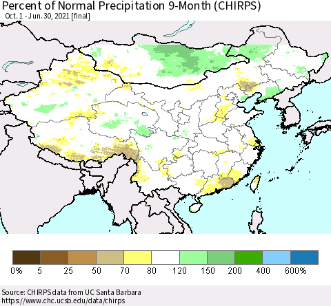China and Taiwan Percent of Normal Precipitation 9-Month (CHIRPS) Thematic Map For 10/1/2020 - 6/30/2021