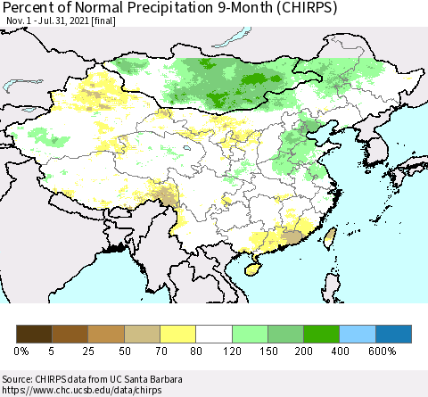 China and Taiwan Percent of Normal Precipitation 9-Month (CHIRPS) Thematic Map For 11/1/2020 - 7/31/2021