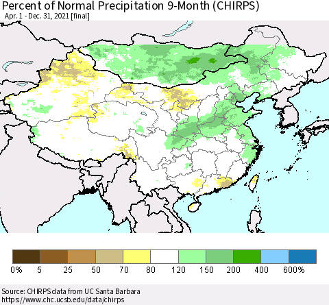 China, Mongolia and Taiwan Percent of Normal Precipitation 9-Month (CHIRPS) Thematic Map For 4/1/2021 - 12/31/2021