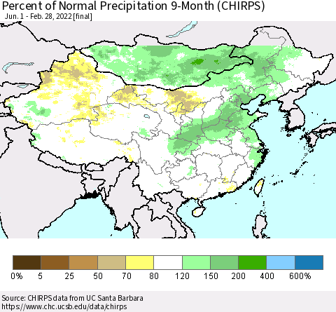 China and Taiwan Percent of Normal Precipitation 9-Month (CHIRPS) Thematic Map For 6/1/2021 - 2/28/2022