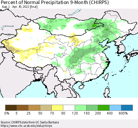 China and Taiwan Percent of Normal Precipitation 9-Month (CHIRPS) Thematic Map For 8/1/2021 - 4/30/2022