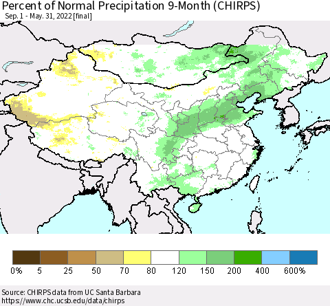 China, Mongolia and Taiwan Percent of Normal Precipitation 9-Month (CHIRPS) Thematic Map For 9/1/2021 - 5/31/2022