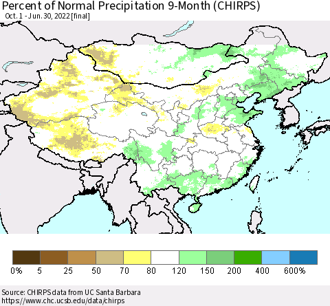 China and Taiwan Percent of Normal Precipitation 9-Month (CHIRPS) Thematic Map For 10/1/2021 - 6/30/2022