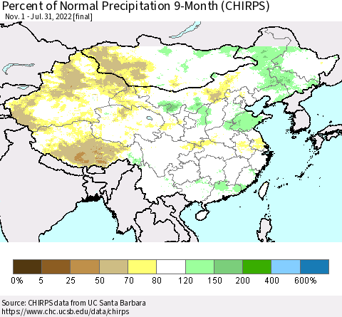 China and Taiwan Percent of Normal Precipitation 9-Month (CHIRPS) Thematic Map For 11/1/2021 - 7/31/2022