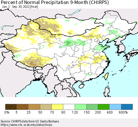China and Taiwan Percent of Normal Precipitation 9-Month (CHIRPS) Thematic Map For 1/1/2022 - 9/30/2022