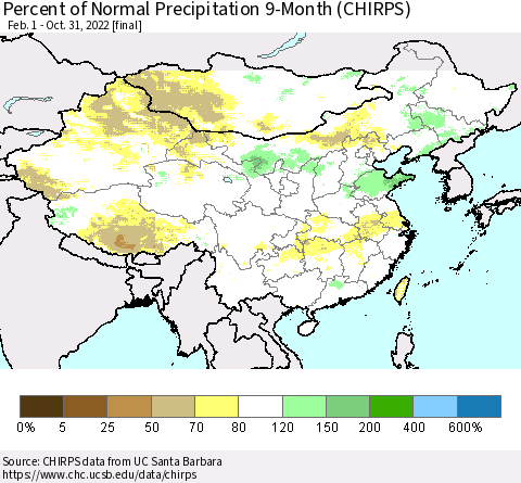 China and Taiwan Percent of Normal Precipitation 9-Month (CHIRPS) Thematic Map For 2/1/2022 - 10/31/2022