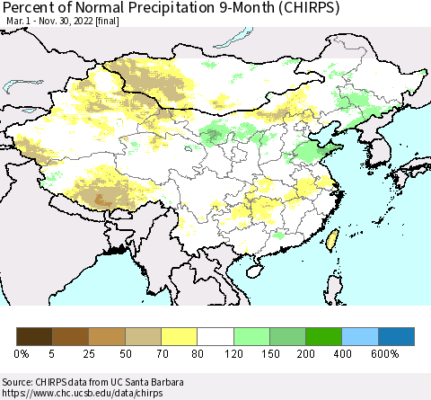 China, Mongolia and Taiwan Percent of Normal Precipitation 9-Month (CHIRPS) Thematic Map For 3/1/2022 - 11/30/2022