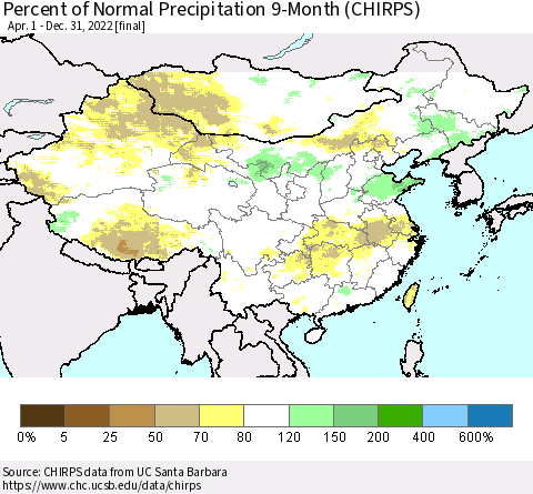 China, Mongolia and Taiwan Percent of Normal Precipitation 9-Month (CHIRPS) Thematic Map For 4/1/2022 - 12/31/2022