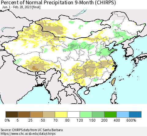 China and Taiwan Percent of Normal Precipitation 9-Month (CHIRPS) Thematic Map For 6/1/2022 - 2/28/2023