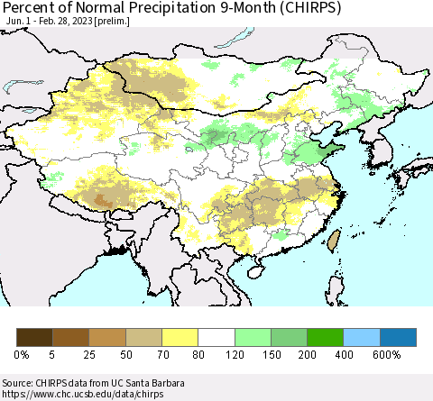 China and Taiwan Percent of Normal Precipitation 9-Month (CHIRPS) Thematic Map For 6/1/2022 - 2/28/2023