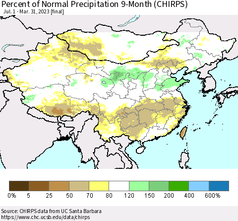 China and Taiwan Percent of Normal Precipitation 9-Month (CHIRPS) Thematic Map For 7/1/2022 - 3/31/2023