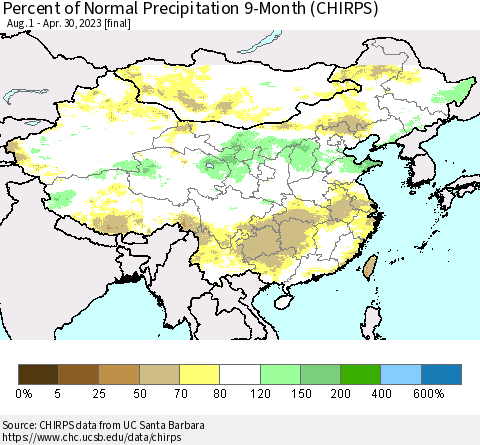 China and Taiwan Percent of Normal Precipitation 9-Month (CHIRPS) Thematic Map For 8/1/2022 - 4/30/2023