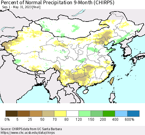China, Mongolia and Taiwan Percent of Normal Precipitation 9-Month (CHIRPS) Thematic Map For 9/1/2022 - 5/31/2023