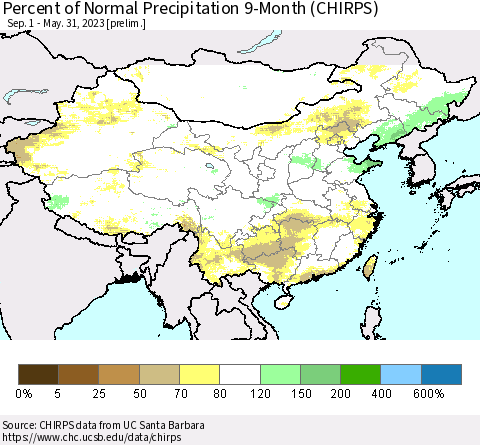 China and Taiwan Percent of Normal Precipitation 9-Month (CHIRPS) Thematic Map For 9/1/2022 - 5/31/2023