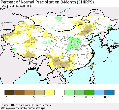 China, Mongolia and Taiwan Percent of Normal Precipitation 9-Month (CHIRPS) Thematic Map For 10/1/2022 - 6/30/2023