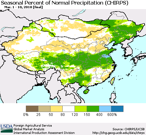 China, Mongolia and Taiwan Seasonal Percent of Normal Precipitation (CHIRPS) Thematic Map For 3/1/2018 - 3/10/2018