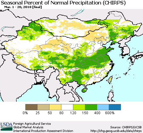 China, Mongolia and Taiwan Seasonal Percent of Normal Precipitation (CHIRPS) Thematic Map For 3/1/2018 - 3/20/2018