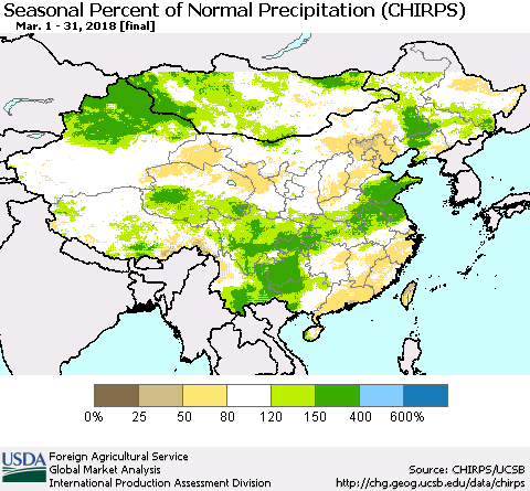 China, Mongolia and Taiwan Seasonal Percent of Normal Precipitation (CHIRPS) Thematic Map For 3/1/2018 - 3/31/2018
