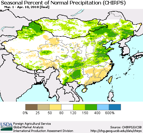 China, Mongolia and Taiwan Seasonal Percent of Normal Precipitation (CHIRPS) Thematic Map For 3/1/2018 - 4/10/2018