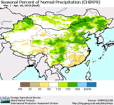 China, Mongolia and Taiwan Seasonal Percent of Normal Precipitation (CHIRPS) Thematic Map For 3/1/2018 - 4/20/2018