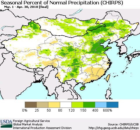 China, Mongolia and Taiwan Seasonal Percent of Normal Precipitation (CHIRPS) Thematic Map For 3/1/2018 - 4/30/2018