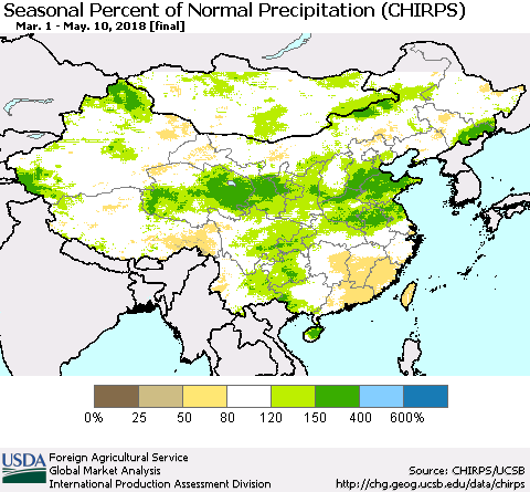 China, Mongolia and Taiwan Seasonal Percent of Normal Precipitation (CHIRPS) Thematic Map For 3/1/2018 - 5/10/2018