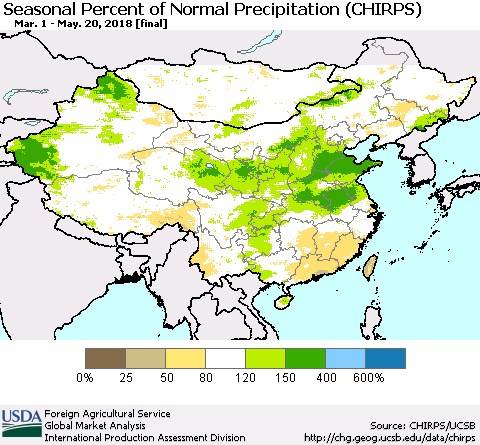 China, Mongolia and Taiwan Seasonal Percent of Normal Precipitation (CHIRPS) Thematic Map For 3/1/2018 - 5/20/2018