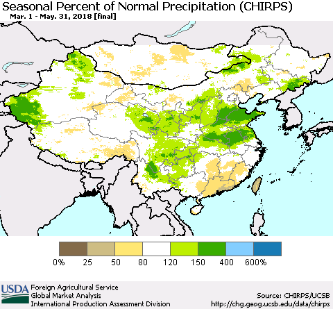 China, Mongolia and Taiwan Seasonal Percent of Normal Precipitation (CHIRPS) Thematic Map For 3/1/2018 - 5/31/2018