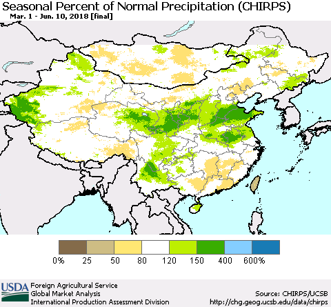China, Mongolia and Taiwan Seasonal Percent of Normal Precipitation (CHIRPS) Thematic Map For 3/1/2018 - 6/10/2018