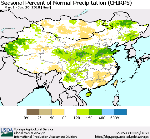 China, Mongolia and Taiwan Seasonal Percent of Normal Precipitation (CHIRPS) Thematic Map For 3/1/2018 - 6/20/2018