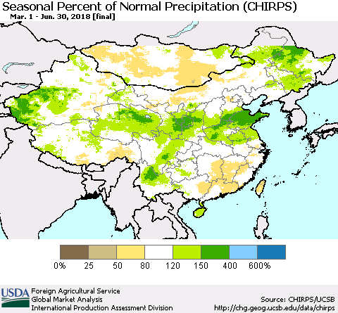 China, Mongolia and Taiwan Seasonal Percent of Normal Precipitation (CHIRPS) Thematic Map For 3/1/2018 - 6/30/2018