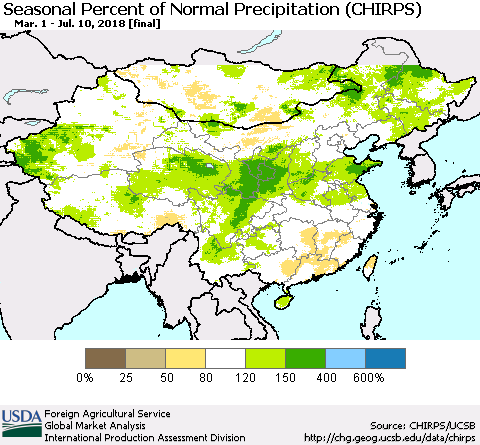 China, Mongolia and Taiwan Seasonal Percent of Normal Precipitation (CHIRPS) Thematic Map For 3/1/2018 - 7/10/2018