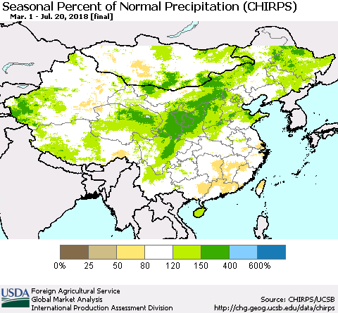 China, Mongolia and Taiwan Seasonal Percent of Normal Precipitation (CHIRPS) Thematic Map For 3/1/2018 - 7/20/2018
