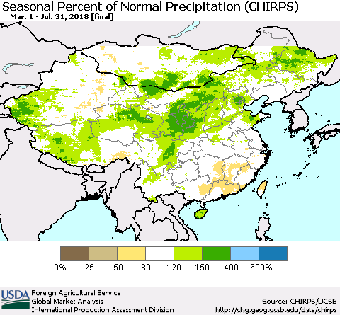China, Mongolia and Taiwan Seasonal Percent of Normal Precipitation (CHIRPS) Thematic Map For 3/1/2018 - 7/31/2018