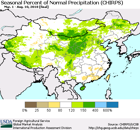 China, Mongolia and Taiwan Seasonal Percent of Normal Precipitation (CHIRPS) Thematic Map For 3/1/2018 - 8/10/2018