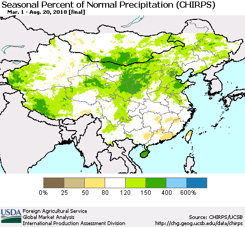 China, Mongolia and Taiwan Seasonal Percent of Normal Precipitation (CHIRPS) Thematic Map For 3/1/2018 - 8/20/2018
