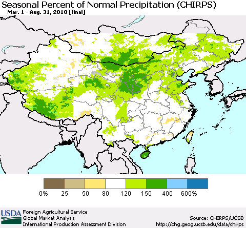 China, Mongolia and Taiwan Seasonal Percent of Normal Precipitation (CHIRPS) Thematic Map For 3/1/2018 - 8/31/2018