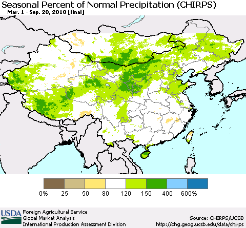 China, Mongolia and Taiwan Seasonal Percent of Normal Precipitation (CHIRPS) Thematic Map For 3/1/2018 - 9/20/2018