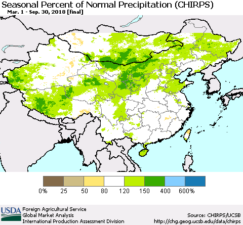 China, Mongolia and Taiwan Seasonal Percent of Normal Precipitation (CHIRPS) Thematic Map For 3/1/2018 - 9/30/2018