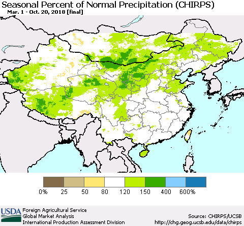 China, Mongolia and Taiwan Seasonal Percent of Normal Precipitation (CHIRPS) Thematic Map For 3/1/2018 - 10/20/2018