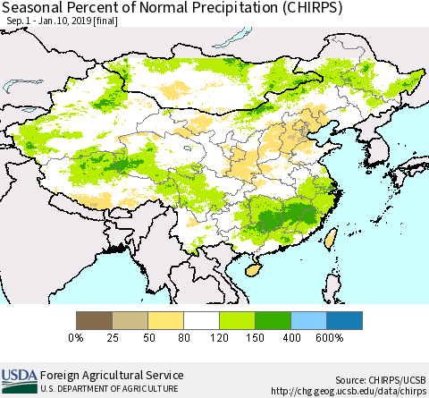 China and Taiwan Seasonal Percent of Normal Precipitation (CHIRPS) Thematic Map For 9/1/2018 - 1/10/2019