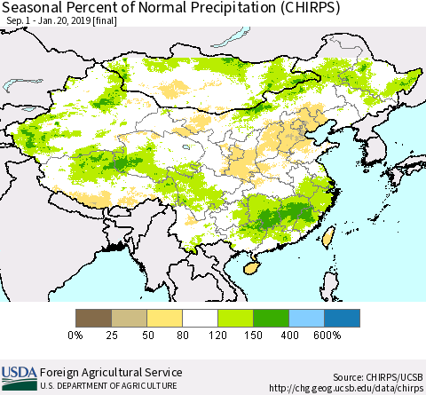 China and Taiwan Seasonal Percent of Normal Precipitation (CHIRPS) Thematic Map For 9/1/2018 - 1/20/2019