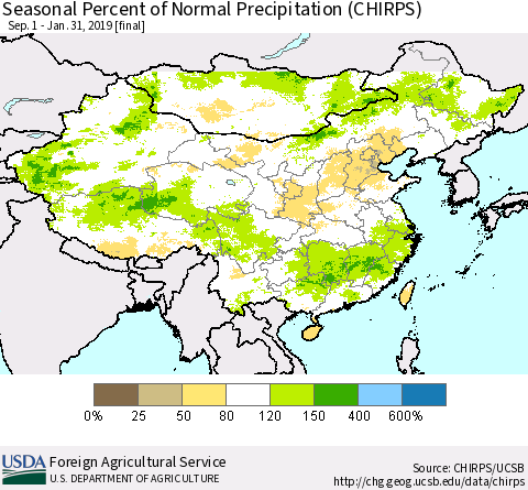 China and Taiwan Seasonal Percent of Normal Precipitation (CHIRPS) Thematic Map For 9/1/2018 - 1/31/2019