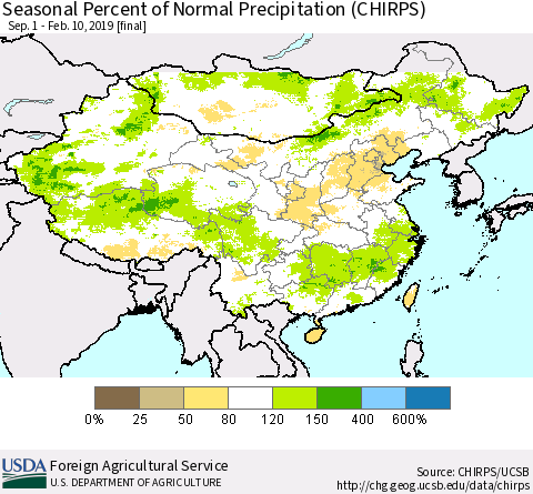 China and Taiwan Seasonal Percent of Normal Precipitation (CHIRPS) Thematic Map For 9/1/2018 - 2/10/2019