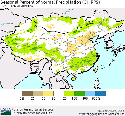 China and Taiwan Seasonal Percent of Normal Precipitation (CHIRPS) Thematic Map For 9/1/2018 - 2/20/2019