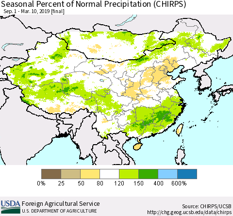 China and Taiwan Seasonal Percent of Normal Precipitation (CHIRPS) Thematic Map For 9/1/2018 - 3/10/2019